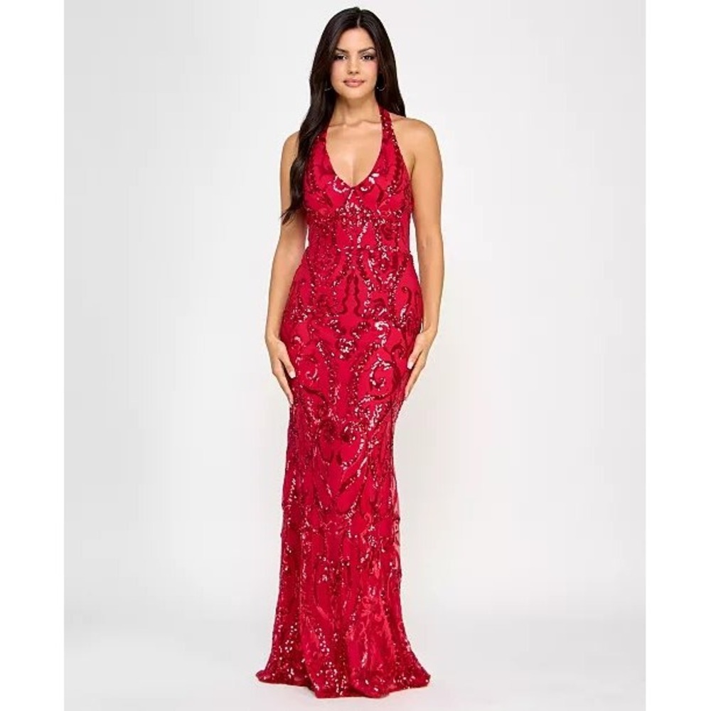 B. Darlin Red Sequin Halter Neck Formal Gown Damask Mermaid Maxi Dress Prom Gala